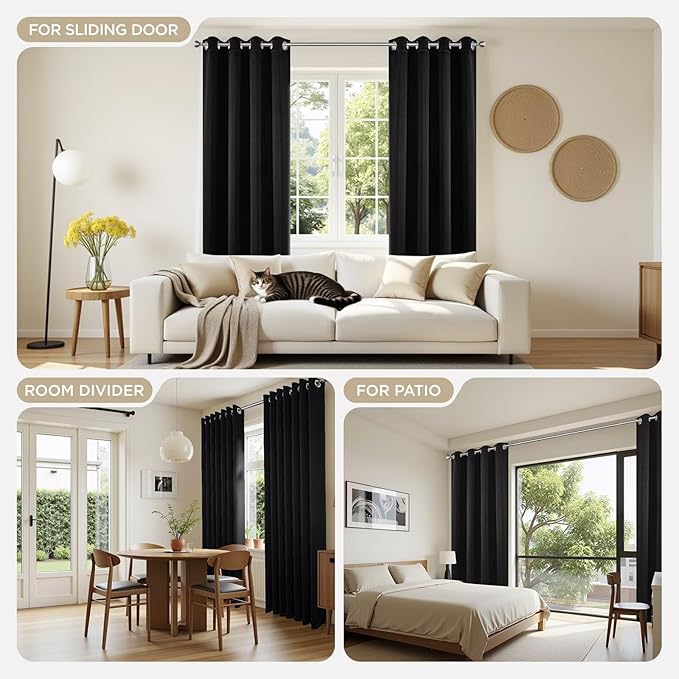 Joydeco Blackout Curtains 108 Inch Long 2 Panels Set, Black Curtains with Grommet, Room Darkening Thermal Insulated Long Drapes for Living Room Bedroom Window (Black, W52 x L108 Inch)