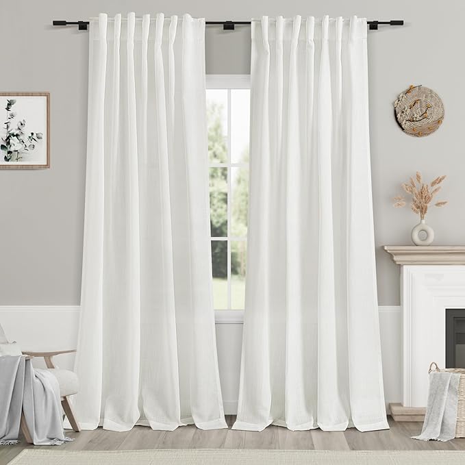 Nanspring Ivory Linen Blend Light Filtering Curtains 86 Inch Length 2 Panel Set Pocket Back Tab Privacy Semi Sheer Decorative Decor Curtain Drapes for Bedroom Living Room 52x86 Inches Long