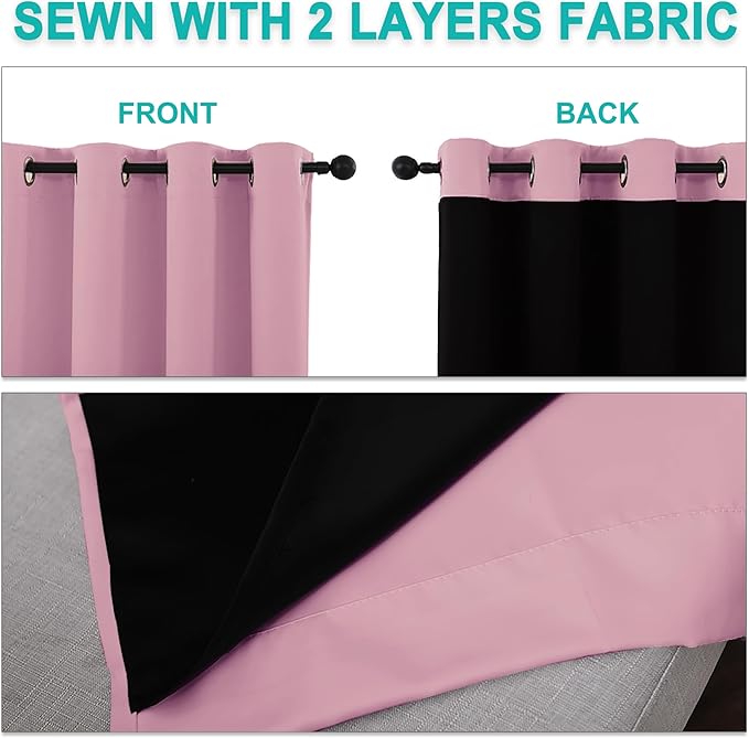 NICETOWN 100% Blackout Curtains with Black Liners, Thermal Insulated Full Blackout 2-Layer Lined Drapes, Noise Cancellation Window Draperies for Dining Room (Crystal Pink, 2 Panels, 52" W by 54" L)