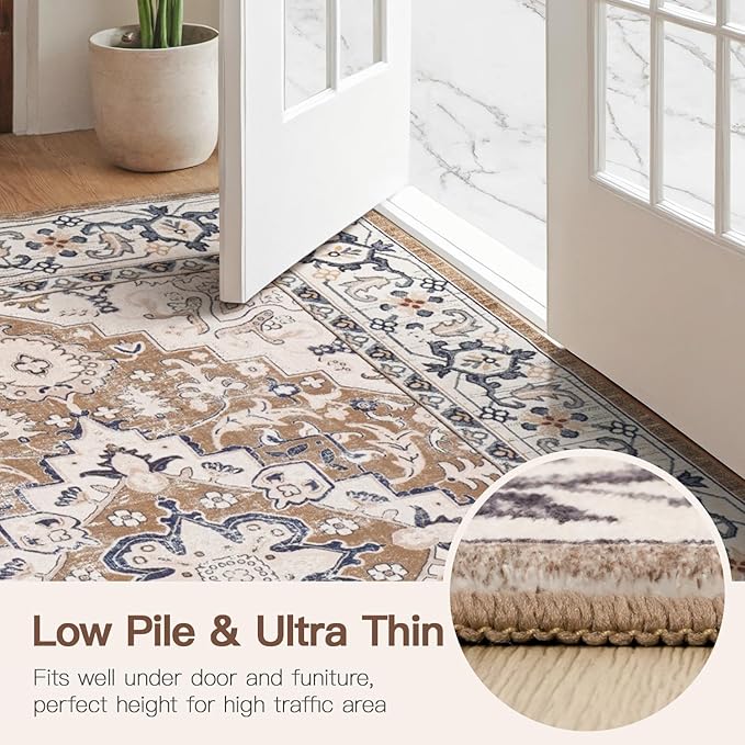 Lofus 6ft Area Rugs for Living Room, Washable Area Rug, Rugs for Bedroom, Kitchen, Vintage Boho Carpet, Soft Non-Slip, Low Pile Large Area Rug for Office Dining Room, Floral Brown