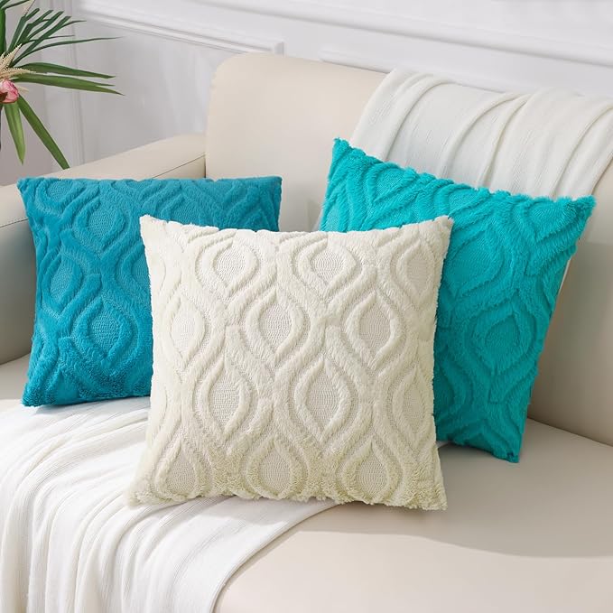 decorUhome Summer Throw Pillow Covers 20x20 Inch Set of 2, Soft Plush Faux Wool Teal Solid Couch Pillow Covers, Accent Farmhouse Neutral Square Pillow Cases for Sofa Bed Living Room