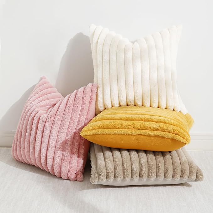 decorUhome Summer Cozy Faux Fur Throw Pillow Covers 12x12 Set of 2 Decorative Soft Plush Striped Modern Farmhouse Boho Couch Pillow Cases with Velvet Back for Sofa Bed Living Room, Cream White