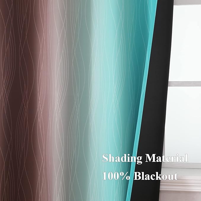 Estelar Textiler Teal and Brown Blackout Curtains 54 Inch Length, Light Blocking Gradient Grommet Drapes for Living Room, Thermal Insulated Ombre Curtains for Bathroom,52Wx54L,2 Panels