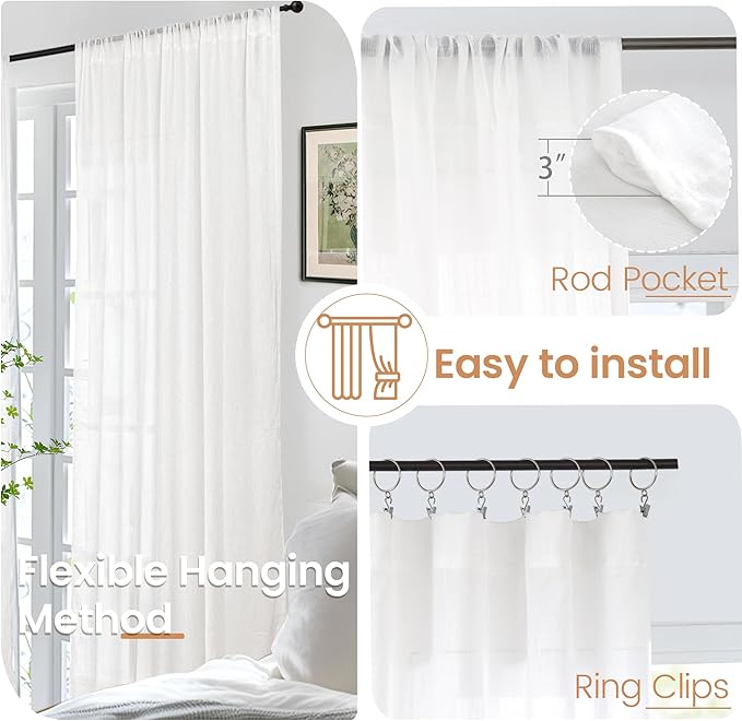 BGment 40 Inches Long White Linen Curtains for Kitchen Cafe Window - Semi Sheer Short Length Drapes with Rod Pocket Light Filtering for Bedroom Bathroom Lightweight, 2 Panels Set, 42 X 40 Inch