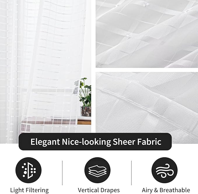 SpaceDresser Check Sheer Curtains 72 Inches Long for Living Room, Rod Pocket Plaid Semi Sheer Drapes for Kitchen Bedroom（White, 52W x 72L）