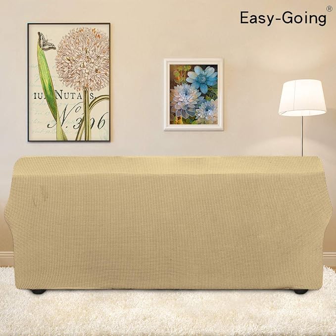 Easy-Going Stretch 4 Seater Sofa Slipcover 1-Piece Sofa Cover Furniture Protector Couch Soft with Elastic Bottom for Kids, Polyester Spandex Jacquard Fabric Small Checks Beige