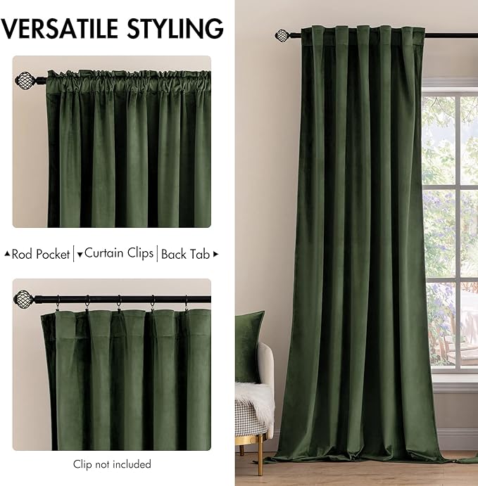 MIULEE Velvet Curtains 94 inches - Luxury Blackout Curtains for Bedroom Living Room Thermal Insulated Super Soft Window Drapes Rod Pocket & Back Tab, Olive Green, W52 x L94 inches, 2 Panels