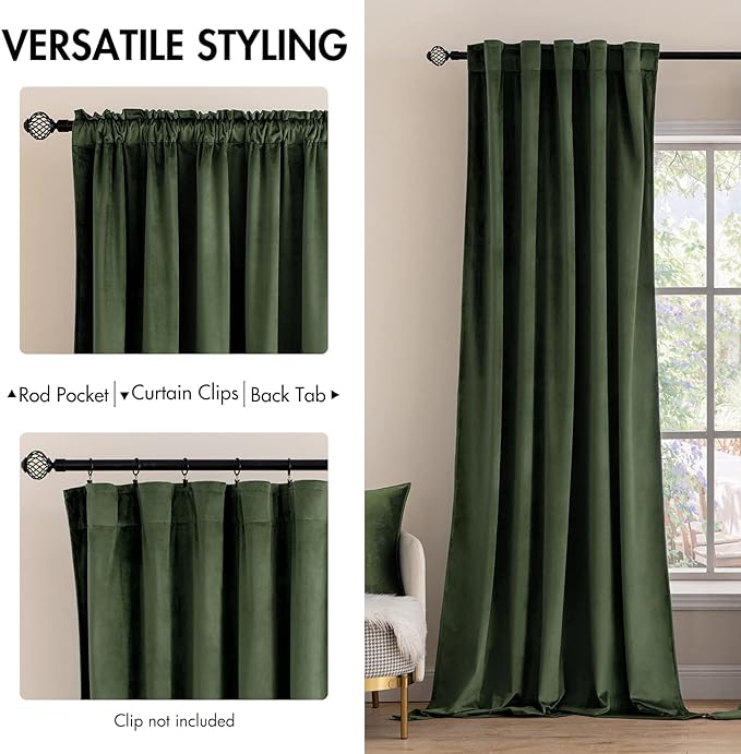 MIULEE Velvet Curtains 120 inches - Luxury Blackout Curtains for Bedroom Living Room Thermal Insulated Super Soft Window Drapes Rod Pocket & Back Tab, Olive Green, W52 x L120 inches, 2 Panels