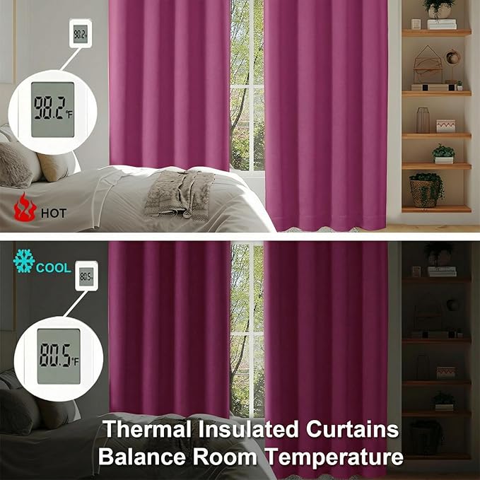 Simplebrand Ava Hot Pink Short Blackout Curtains for Bedroom 54 Inches Long 2 Panels Set, Solid Thermal Insulated, Energy Saving Window Treatment Curtains Blackout Drapes, W40 x L54 Inch