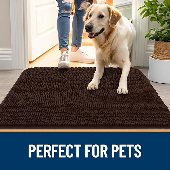 OLANLY Dog Door Mat for Muddy Paws 48x30, Absorbs Moisture and Dirt, Absorbent Non-Slip Washable Doormat, Quick Dry Chenille Mud Mat for Dogs, Entry Indoor Entryway Carpet for Inside Floor, Brown