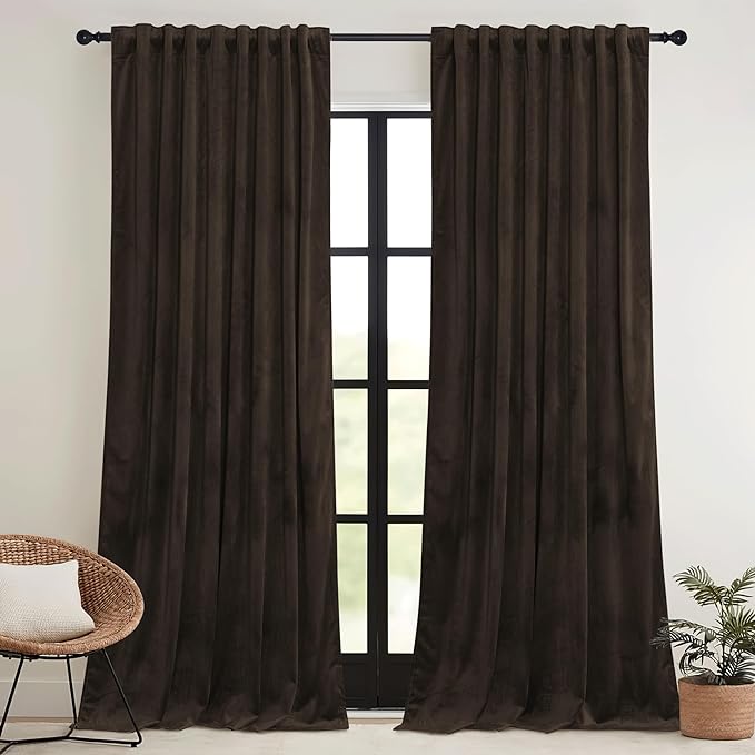 RYB HOME Brown Velvet Curtains 102 inches with Hook Belt, Soft Fabric Room Darkening Thermal Insulated Luxurious Home Decor Curtains for Living Room Bedroom, W 52" x L 102", 2 Panels Set