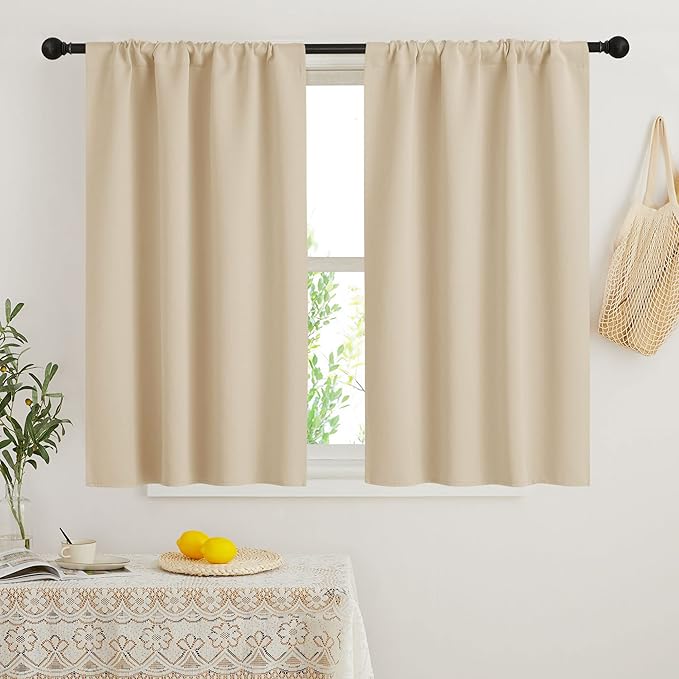 RYB HOME Short Curtains for Bedroom, Room Darkening Insulated Summer Heat Light UV Blocking Energy Saving Drapes for Nursery, Width 34 by Length 45, Biscotti Beige, Set of 2