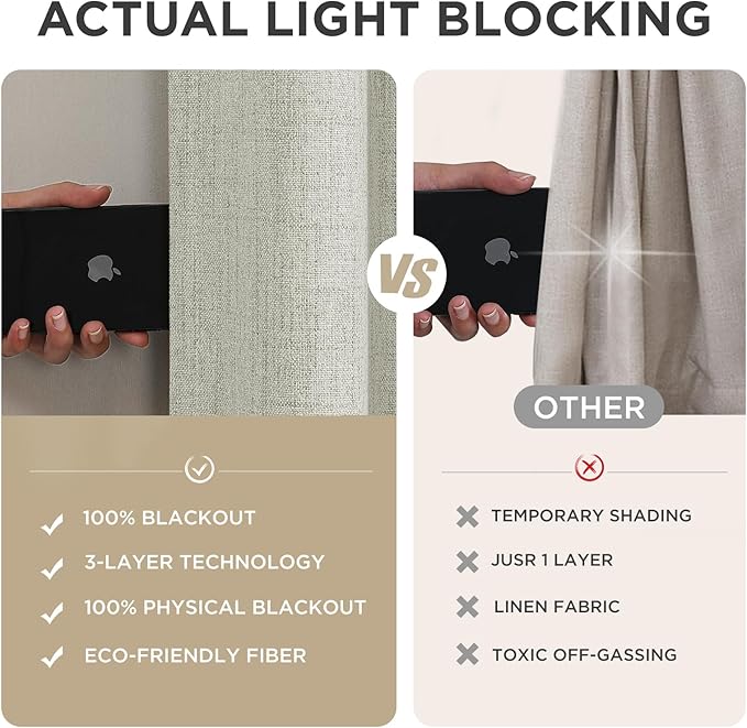 Joydeco Blackout Curtains for Bedroom - 90 Inch Long 100% Light Blocking 2 Panels Light Beige Drapes, Thermal Insulated Room Darkening Curtains, Linen Textured for Living Room, Rod Pocket & Back Tabs