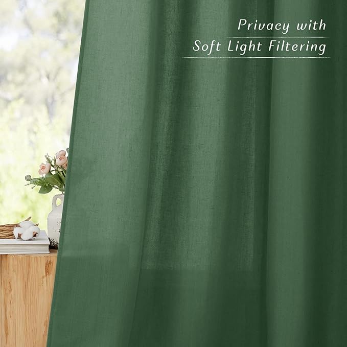 NICETOWN Linen Curtains 96 inches Long for Living Room, Grommet Semi Sheer Drapes Linen Weave Window Treatments Privacy Added with Light Filtering for Bedroom, Olive Green, W34 x L96, 2 Panels