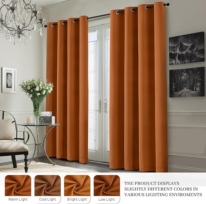 Yakamok 100% Blackout Curtain Panels 84 inches Cold and Light Blocking Drapes for Nursery, 2 Thick Layers Thermal Insulated Draperies (2 Pieces, 50 Wide Each Panel, Burnt Orange/White Backing)