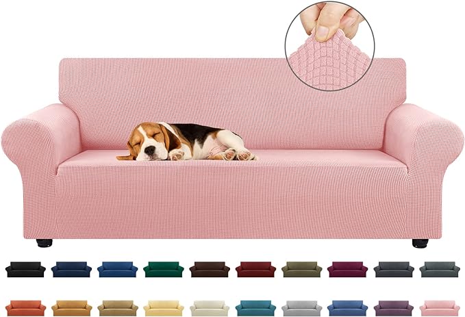 KEKUOU Stretch Sofa Cover Slipcover ，Couch Covers for 3 Cushion Couch Sofa pet Friendly (78"-94") Furniture Protector Sofa with Elastic Bottom for Kids,Dog, Jacquard Small Checked(Large,Dusty Pink)