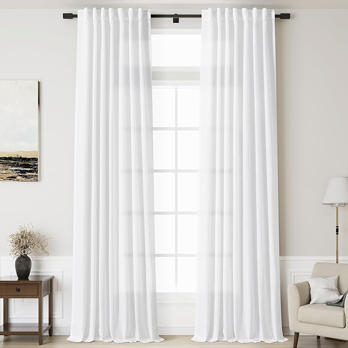 Nanspring Linen White Extra Long Curtains for Living Room Back Tab Light Filtering Semi Sheer Drapes 2 Panels Set Modern Farmhouse Decor Linen Textured Curtain for Floor to Ceiling Window 52x138