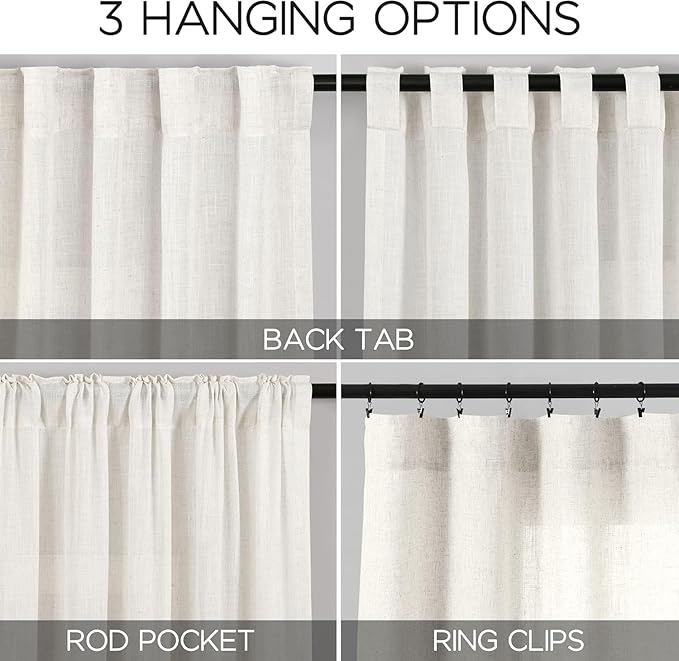 Nanspring Beige White Curtains Linen for Living Room 90 Inches Long Back Tab and Rod Pocket Semi Sheer Privacy Curtains Coastal Room Decor Curtain for Bedroom Dinner Room 70x90, 2 Panel