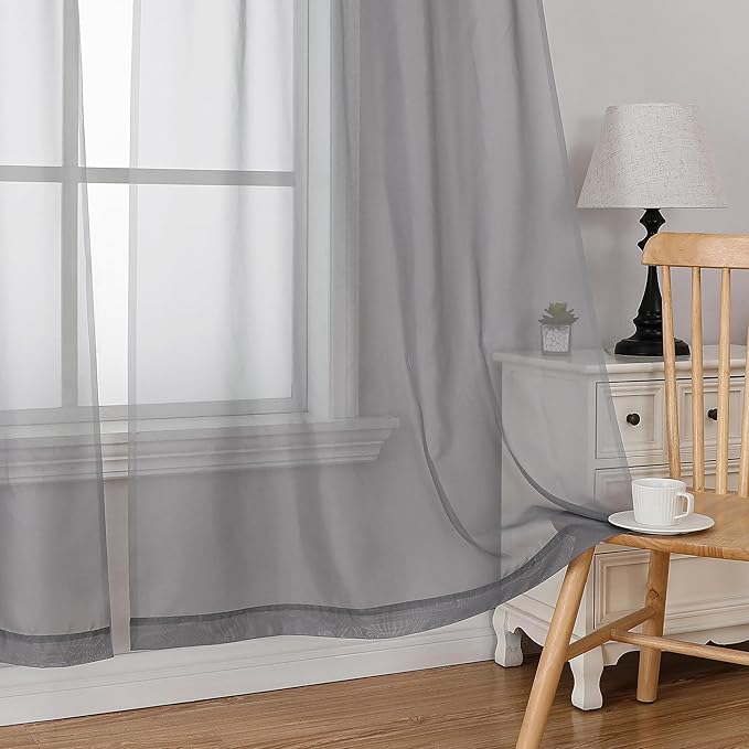 Simplebrand Grey Short Sheer Curtains 45 Inch Length for Small Windows, Rod Pocket 2 Panels Set Solid Voile Drapes Window Sheer Curtains for Bedroom Bathroom Kids Room Kitchen, 42x45 Inch, Gray