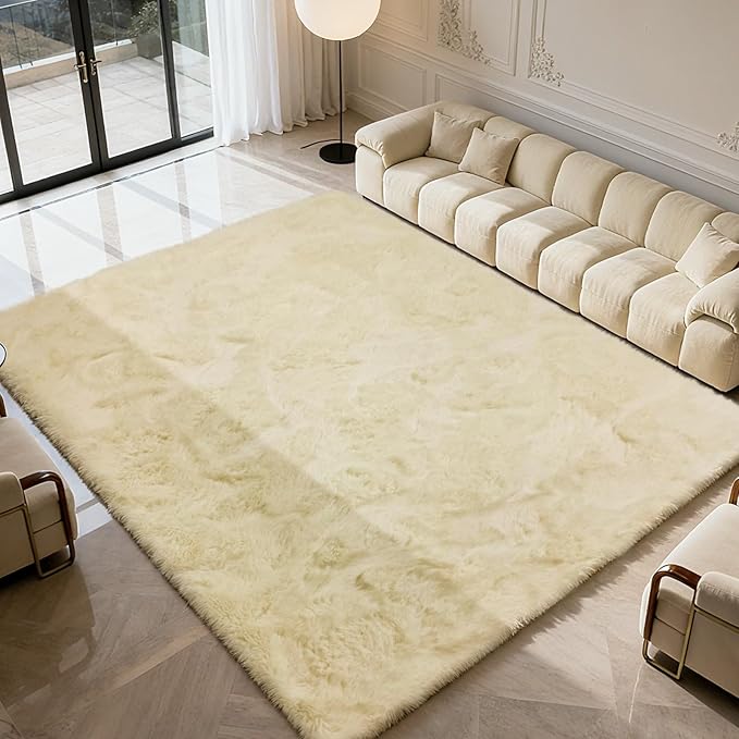 Ultra Soft Fluffy Area Rugs for Bedroom Living Room 10x12, Nursery Rug, Non-Slip Carpet for Kids Dorms Decor, Shaggy Bedside Rug, Ivory