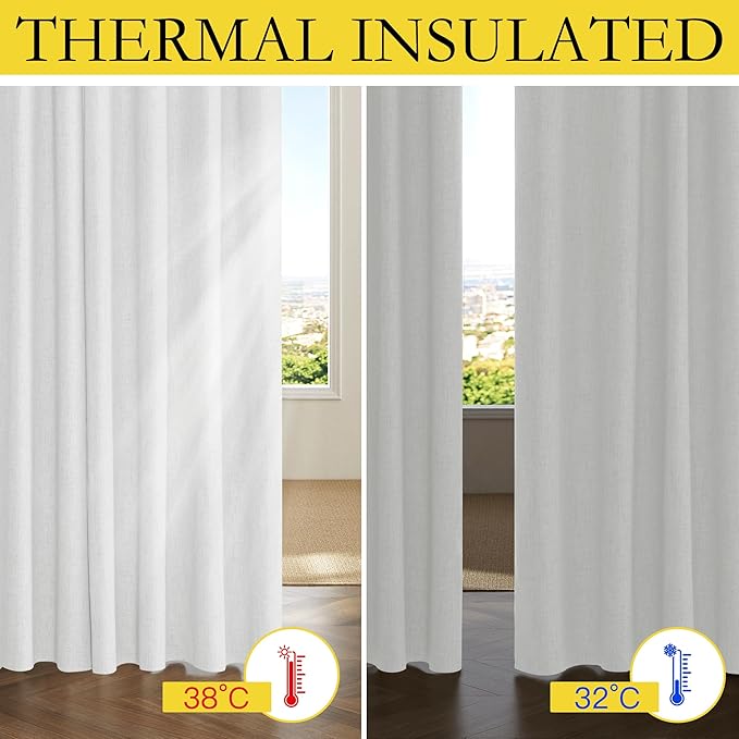 NICETOWN 100% Absolutely Blackout Linen Curtains with Thermal Insulated Liner, Greyish White, 42" Wide, 90" Length Energy Saving Curtains for Living Room 2 Panels Set, Vertical Blinds