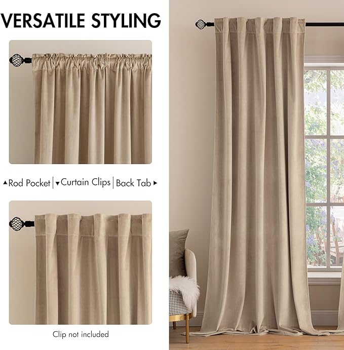 MIULEE Velvet Curtains 63 inch Length 2 Panels - Luxury Blackout Curtains for Bedroom Living Room Thermal Insulated Super Soft Window Drapes Rod Pocket & Back Tab, Camel Beige, W52 x L63 inches