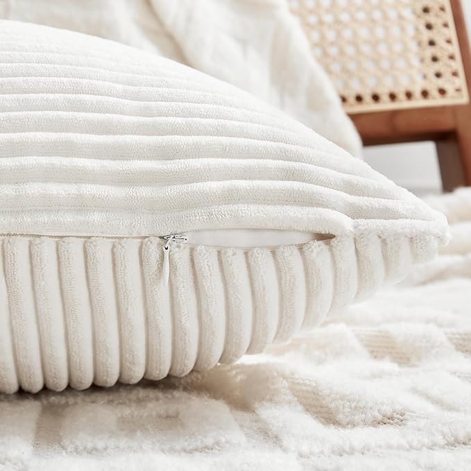 Fancy Homi 2 Packs Cream White Lumbar Decorative Throw Pillow Covers 16x28 Inch for Couch Bed Sofa, Rustic Farmhouse Boho Home Decor, Soft Striped Corduroy Rectangle Accent Cushion Case 40x70 cm