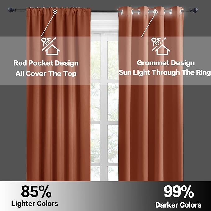RYB HOME Blackout Curtains for Bedroom Living Room 63 inches Long, Thermal Insulated Privacy Rod Pocket Drapes for Nursery Office Home Theater, Width 42 by Length 63, Burnt Orange, 2 Panels