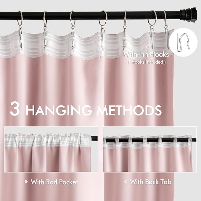 MIULEE Baby Pink Back Tab Blackout Curtains 63 Inch Length 2 Panels Set for Living Room Bedroom Privacy, Rod Pocket/Pinch Pleat Thermal Insulated Room Darkening Pleated Light Blocking Drapes