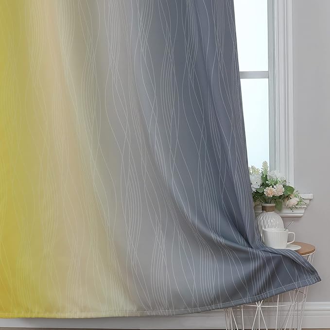 Estelar Textiler Yellow and Gray Blackout Curtains 96 Inches Long, Ombre Thermal Insulated Gradient Window Drapes for Bedroom, Full Light Blocking Curtains for Living Room,52x96 Inch, 2 Panels