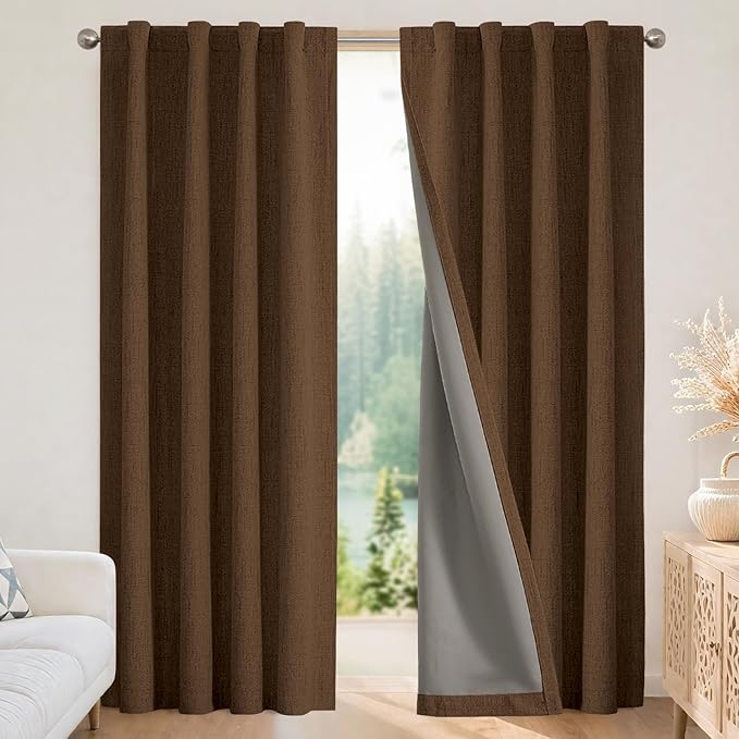 Joydeco Linen Blackout Curtains for Bedroom - 100% Light Blocking 1 Panels, Cappuccino Drapes 100" W x 90" L, Thermal Insulated Room Darkening Curtains for Living Room, Rod Pocket & Back Tabs