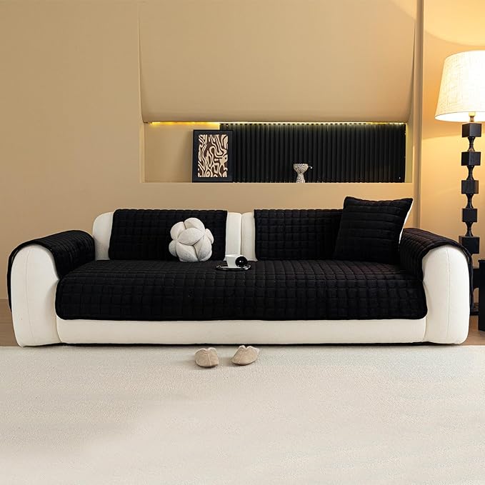 Velvet Couch Cover, Plush Sectional Sofa Cover Washable, Anti Slip Sofa Slipcover for 2-3 Cushion Sofas, Furniture Protector Covers for Pets & Kids(1PC, Black, 35.4"×63", Loveseat)