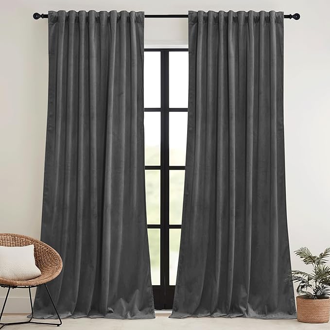 RYB HOME Grey Velvet Curtains 72 inches with Hook Belt, Soft Fabric Room Darkening Thermal Insulated Luxurious Home Decor Curtains for Living Room Bedroom, W 52" x L 72", 2 Panels Set