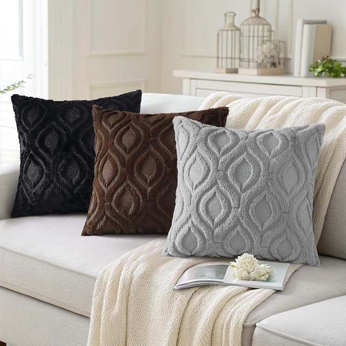 decorUhome Throw Pillow Covers 18x18 Inch Set of 2, Soft Plush Faux Wool Grey Solid Couch Pillow Covers, Accent Farmhouse Neutral Square Pillow Cases for Sofa Bed Living Room