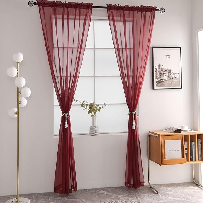 SpaceDresser Burgundy Sheer Curtains 4 Panels Rod Pocket Semi-Sheer Curtain 54 Inches Long Light Filtering Voile Window Drapes for Bedroom Living Room Kitchen, Each 52W x54L