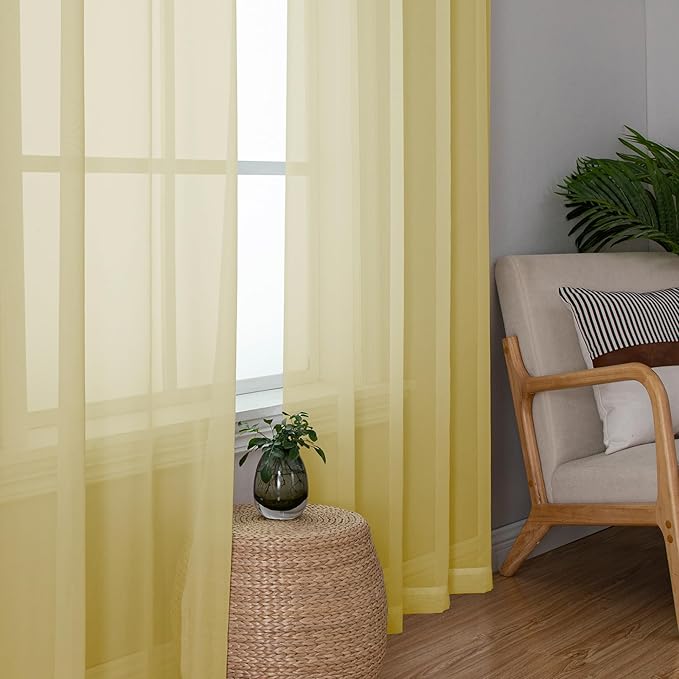 Simplebrand Yellow Valances 14 Inches Long for Living Room Pocket 2 Panel Light Filtering Sheer Translucent Valence Toppers for Short Window Kitchen Bathroom Bedroom 42x14 Inch Length