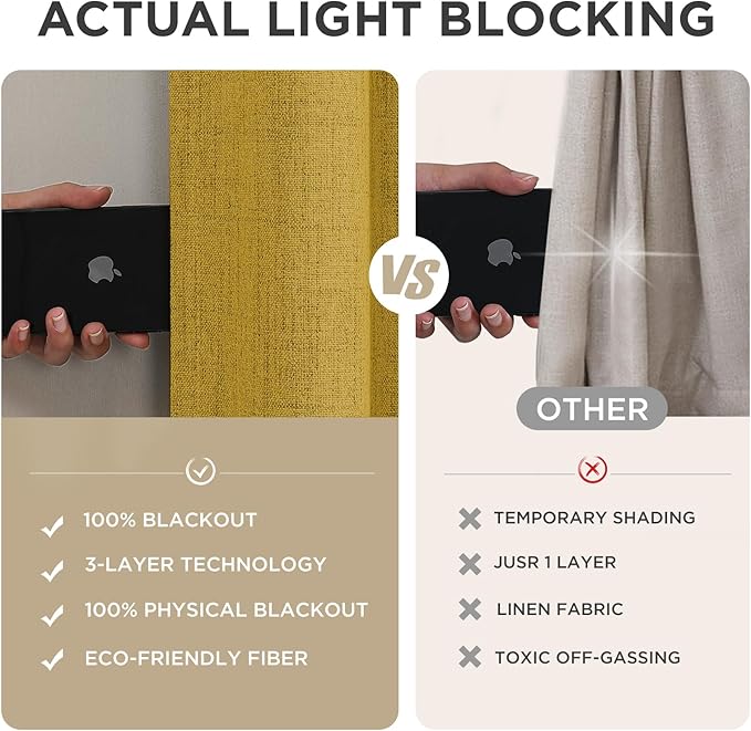 Joydeco Linen Blackout Curtains for Bedroom - 100% Light Blocking 1 Panels, Yellow Drapes 100" W x 108" L, Thermal Insulated Room Darkening Curtains for Living Room, Rod Pocket & Back Tabs