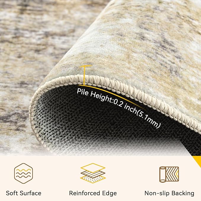 Washable Area Rugs 2'x6' Non-Slip Modern Abstract Soft for Living Room Entryway Bedroom Nursery, Print Pattern, Neutral Brown Gray