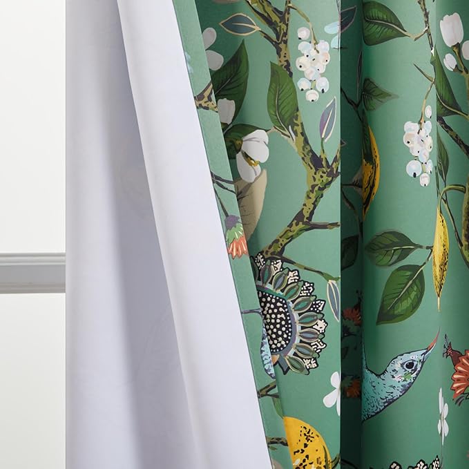 Topfinel 102 Inches Long Vintage Cottagecore Chinoiserie Curtains & Drapes Botanical Floral Flower Lemon Hummingbird Patterned Sage Green Pioneer Woman Blackout Curtains 2 Panels Living Dining Room