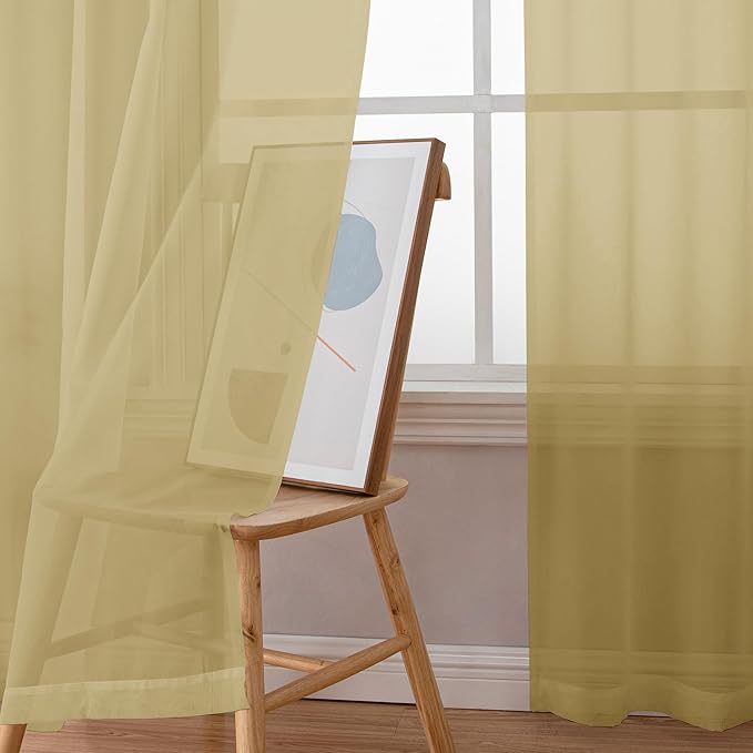 Simplebrand Gold Sheer Curtains 63 Inch Length 2 Panels, Rod Pocket Solid Color Window Sheer Curtain Panels, Elegant Curtains & Drapes for Living Room, Bedroom 2 Panels (Gold, 42" W x 63" L)