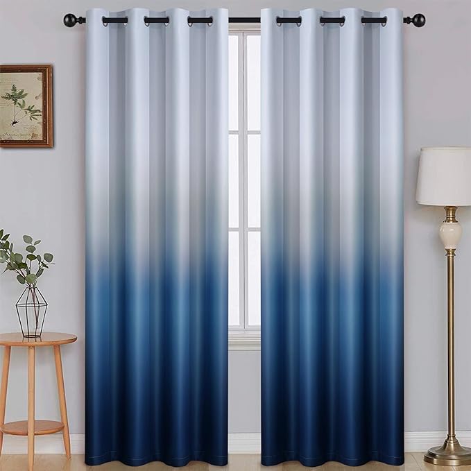 SimpleHome Ombre Room Darkening Curtains for Boys Bedroom, Light Blocking Gradient Grey White to Blue Thermal Insulated Grommet Window Curtains/Drapes for Living Room,2 Panels, 52x84 inches Length