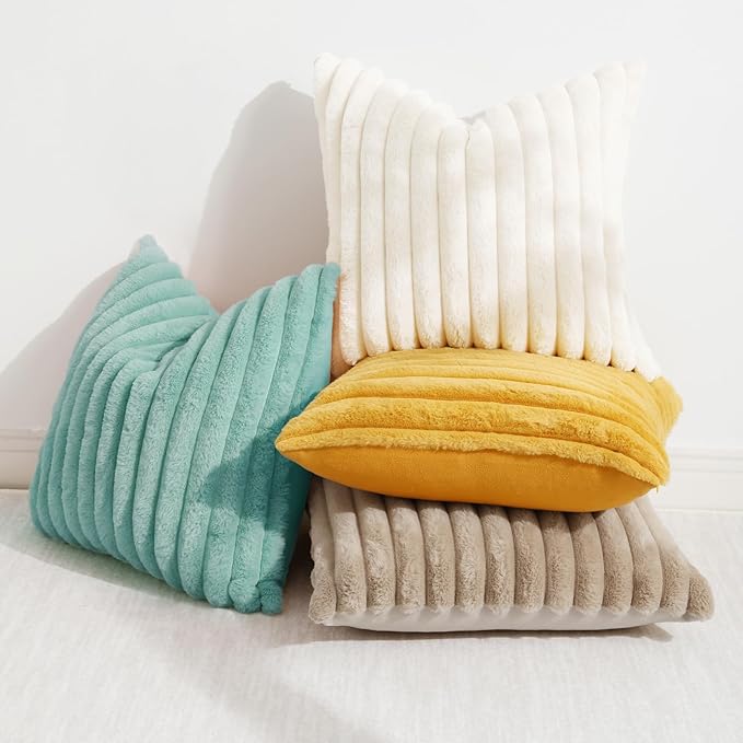 decorUhome Summer Cozy Faux Fur Throw Pillow Covers 20x20 Set of 2 Decorative Soft Plush Striped Modern Farmhouse Boho Couch Pillow Cases with Velvet Back for Sofa Bed Living Room, Aqua