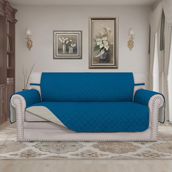 Easy-Going Sofa Slipcover Reversible Loveseat Sofa Cover Couch Cover for 2 Cushion Couch Furniture Protector with Elastic Straps for Pets Kids Dog Cat (Oversized Loveseat, PeacockBlue/Beige)