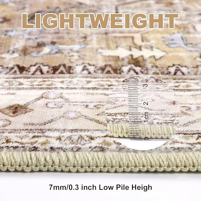 Yamaziot Washable Runner Rug, 2x10 Non-Slip Boho Vintage Hallway Rug Runner with Rubber Backing, Stain Resistant Faux Wool Distressed Carpet Runner for Kitchen, Laundry, Entrance, Beige Brown
