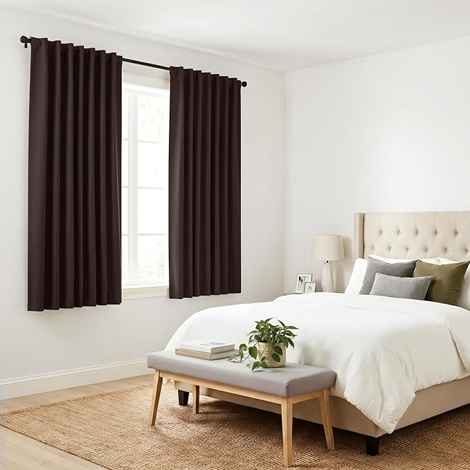 Pony Dance Short Curtains for Bathroom Window, Small Half Drapes for Kitchen Windows, Energy Saving Curtain Tiers for Basement, Wide 29 x Long 24 inches per Panel, Brown, Set of 2