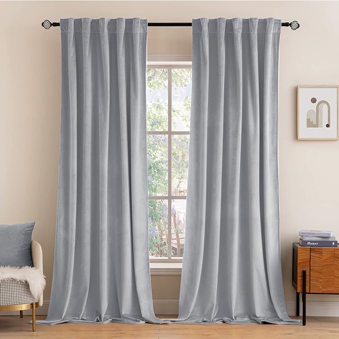 MIULEE Greyish White Velvet Curtains 96 inches 2 Panels - Luxury Blackout Curtains for Bedroom Living Room Thermal Insulated Super Soft Window Drapes Rod Pocket & Back Tab, W52 x L96 inches