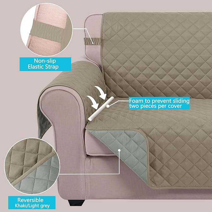 U-NICE HOME Loveseat Sofa Cover Reversible Couch Cover for Dogs with Elastic Straps Water Resistant Furniture Protector for Pets Couch Cover for 2 Cushion Couch (Loveseat, Khaki/Light Grey)