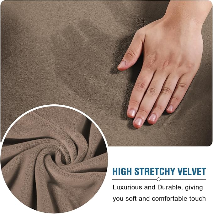 H.VERSAILTEX Modern Velvet Plush 4 Piece High Stretch Sofa Slipcover Furniture Protector Form Fit Velvet Extra Large Sofa Cover for 3 Cushion Couch Width Up to 105 Inch (XL Sofa, Mocha)