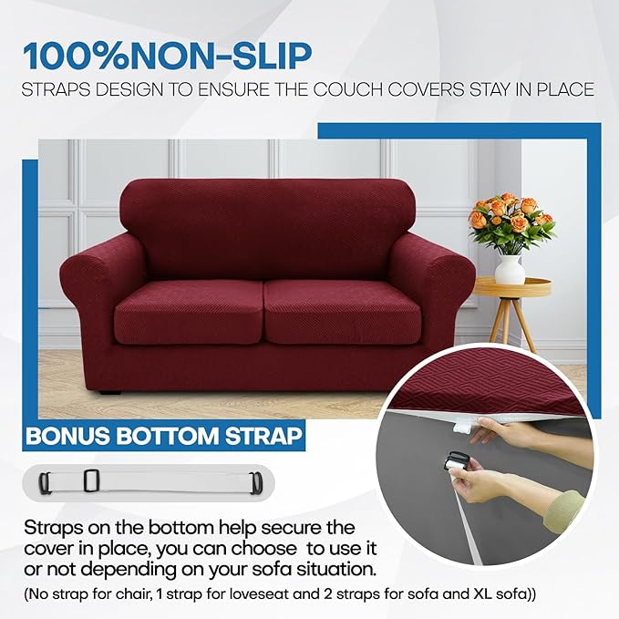 XINEAGE 2026 New 4 Pieces Couch Covers for 3 Cushion Couch Super Stretch Thick Soft Sofa Cover Anti Slip Sofa Slipcover Dogs Cats Furniture Protector (Wine Red, 71"-91")