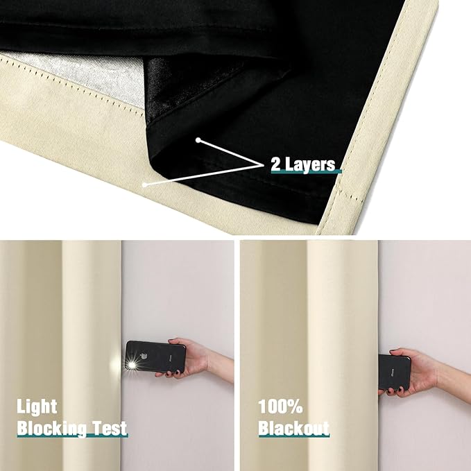 ChrisDowa 100% Blackout Curtains 78 inch Long for Bedroom with Black Liner, 2 Thick Layers Total Blackout Thermal Insulated Grommet Window Curtains 2 Panels Set (Light Beige, 42 x 78 Inch)